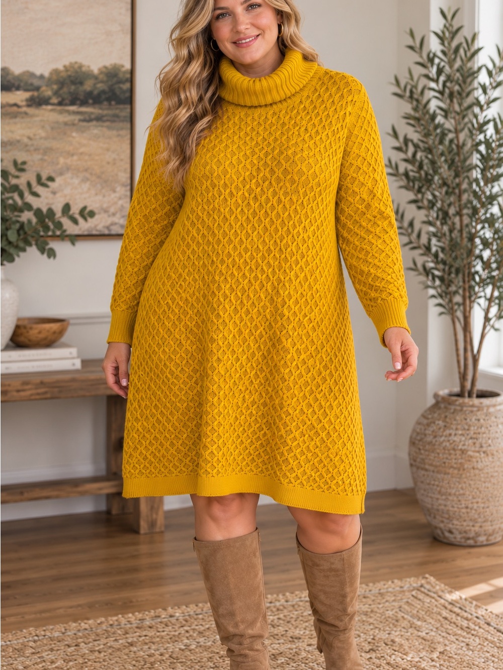 Eloquii Plus Size 22/24 Mustard Yellow Cable Knit Turtleneck Sweater Dress
